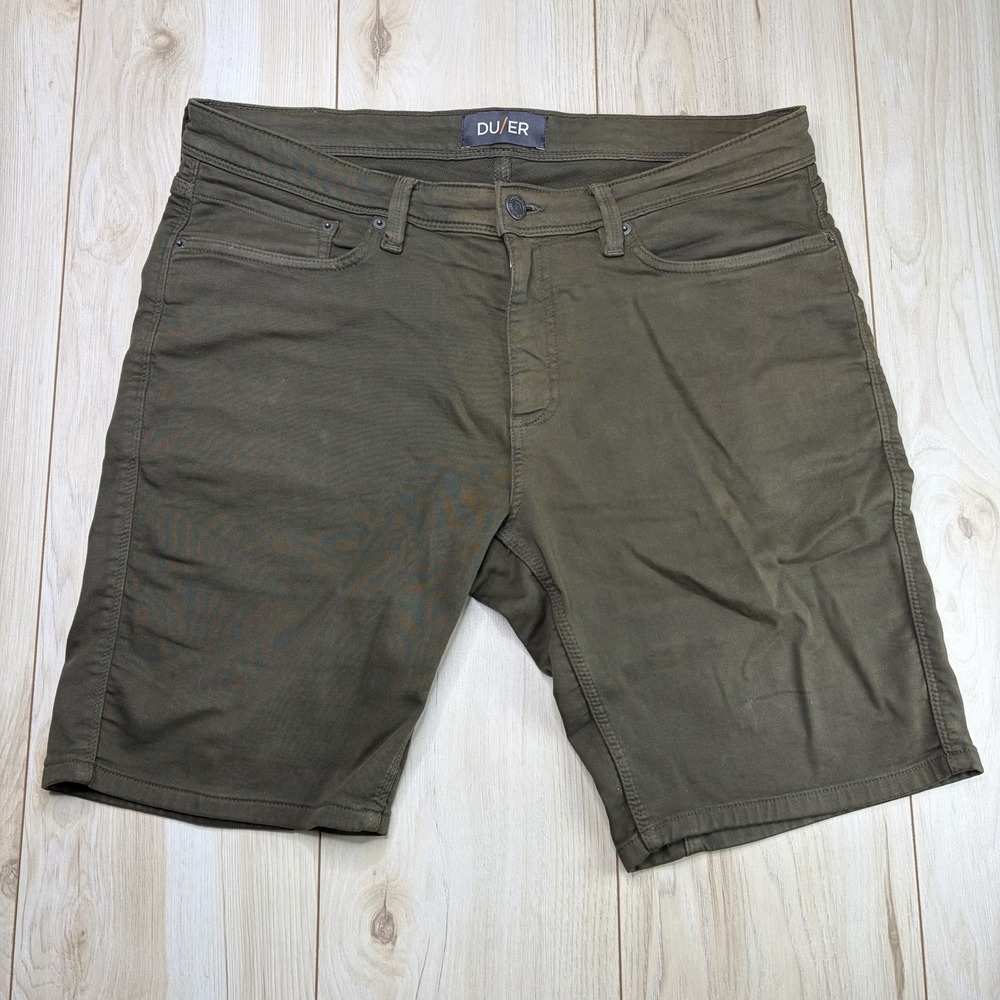 Duer DU/ER N2X Slim Fit Shorts — Men's Size 38 x 10 — Dark Brown/Olive Green